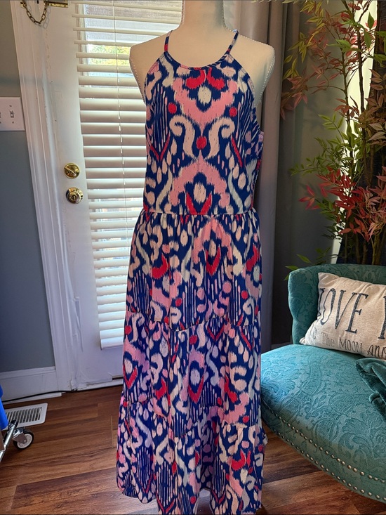 crown & ivy Dresses & Skirts - crown & ivy Blue, Pink, White Ikat-Print Halter Maxi Dress